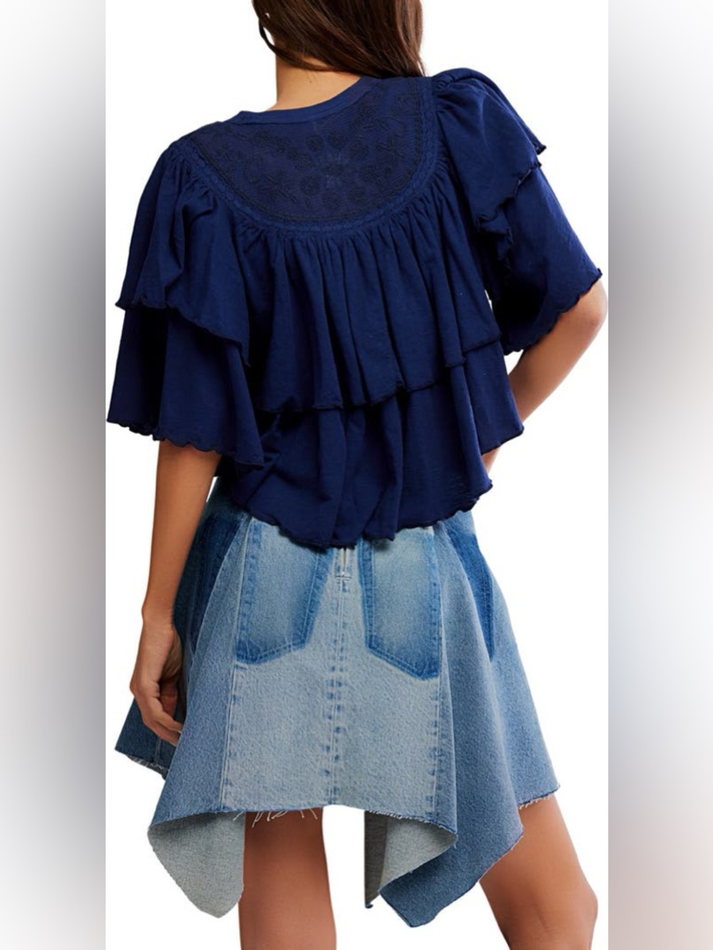 FREE PEOPLE Rose Party T-Shirt Tiered Ruffle Embroidered in Blue Size M NWT - Picture 4 of 4